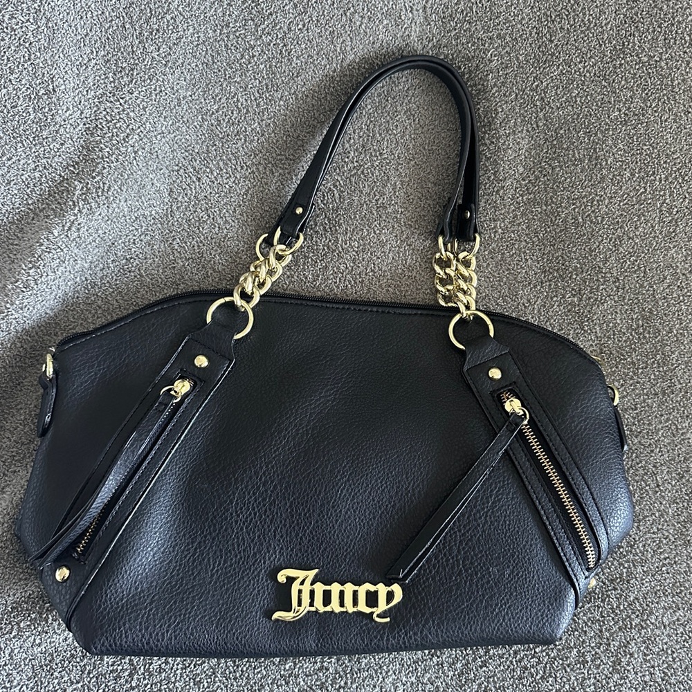 Unused Juicy Couture Black Convertible Satchel Handbag with Gold Chain and Logo
